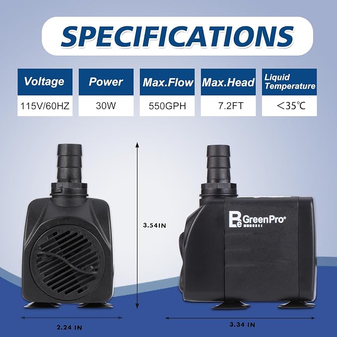 550GPH Submersible Water Pump(2000L/H 30W), Adjustable Ultra Quiet Fountain Pump with 4 Nozzles 7.2ft High Lift for Aquarium, Fish Tank, Pond, Waterfall, Outdoor, Hydroponics