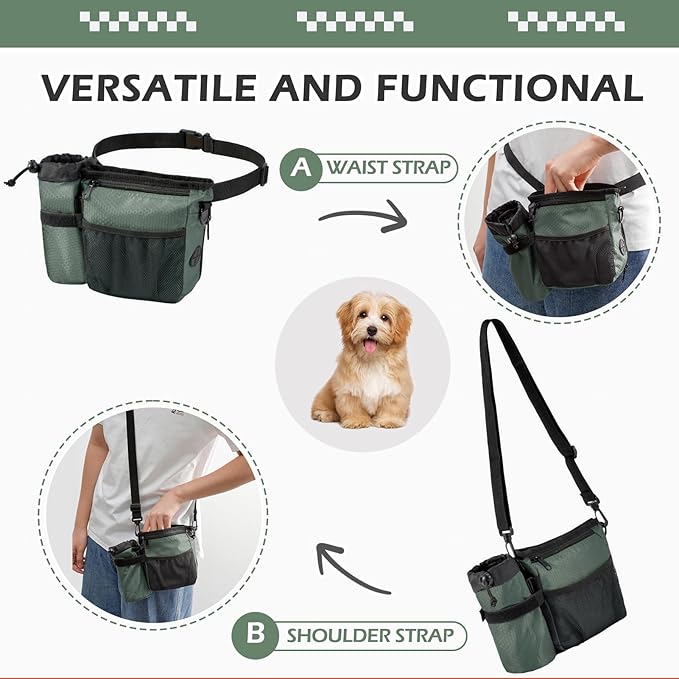 Dog Treat Training Pouch with Magnetic Zipper Closure - Built-in Poop Bag Dispenser, Side Pocket for Dog Water Bottle, 3 Ways to Wear,Carry Kibble & Pet Toys (GrayishGreen)