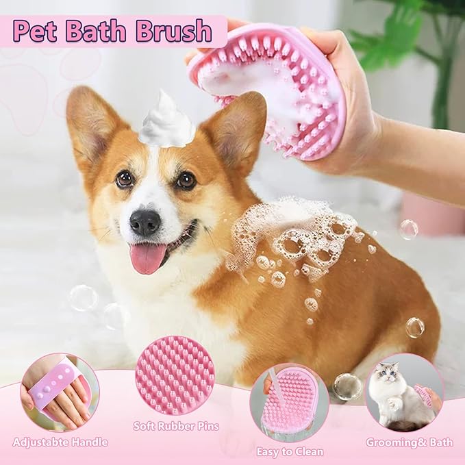 Dog Brush Dog Grooming Kit 7PCS Dogs Brush for Shedding-Dogs Brushes for Grooming, Dematting Comb, Cat Nail Clipper with Nail File, Flea Comb, Pet Comb, Bath Brush-Pink