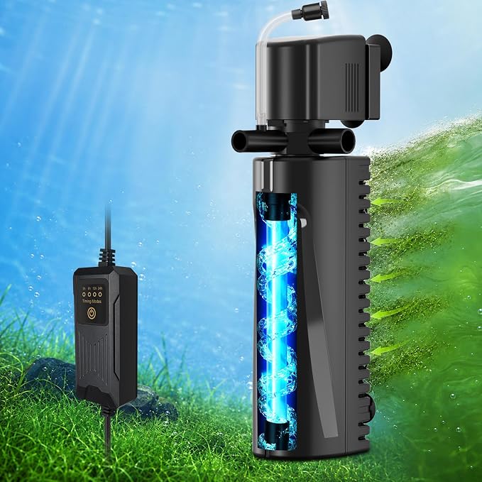 Aquarium U-V Filter for Green Water, Fish Tank Filter with U-V Light & Timer, Turtle Tank Filter with Dual Outlet & Aeration, for 60-150 Gallon Freshwater & Saltwater