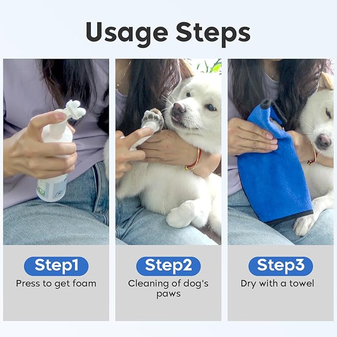 Leopong Dog Paw Cleaner & Cat Foot Wash - Gentle No-Rinse Foaming Mousse - PH Balanced Deodorizing Cleanser with Integrated Silicone Brush, 8.8 oz