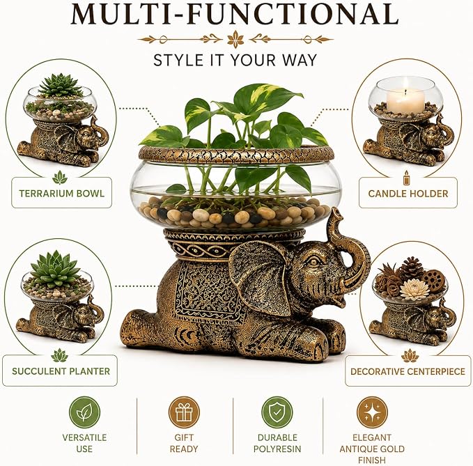 Good Luck Elephant Terrarium Bowl, Antique Gold | Elephant Figurine with Removable Glass Bowl, Succulent Planter, Candle Holder, Air Plant Display, Zen Home Décor Accent