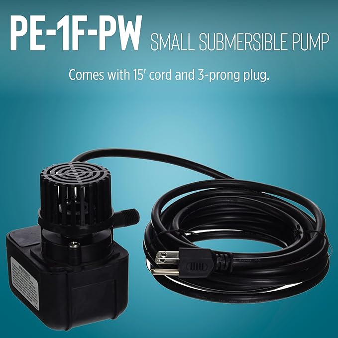 Little Giant PE-1F-PW 115 Volt, 1/125 HP, 170 GPH Submersible Direct Drive Fountain Pump with 15-Ft. Cord, Black, 566608