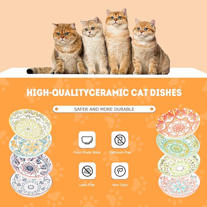 YEAHGO Cat Food Bowls for Indoor Cats Ceramic Cat Bowls Whisker Friendly Cat Dishes for Food and Water 5.5 Inches Kitten Bowls Cute Cat Feeding Bowls Set 8 Cat Wet Food Bowl Set Shallow Cat Plate