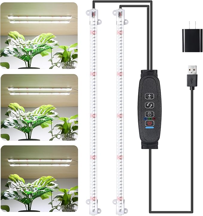 16‘’ LED Grow Light Strips for Indoor Plants, Full Spectrum 120 LEDs with 4 Install Methods, 6/12/16H Timer, 10 Dimmable Levels, 3 Switch Modes for Seedling Succulent Sunlike Strip (2 Head 1 Pack)