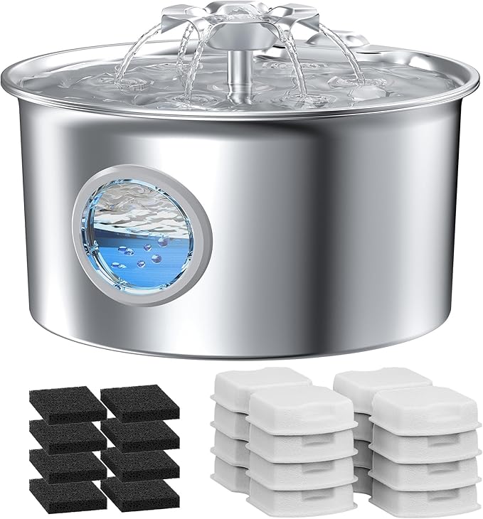 Pet Water Fountain Stainless Steel - Cat Fountain with 8 Filters & 8 Sponges - 88oz/2.6L Automatic Cat Watering Dispenser Bowl with Water Level Window - IHOUONE Quiet Fountains for Cats & Dogs Owners