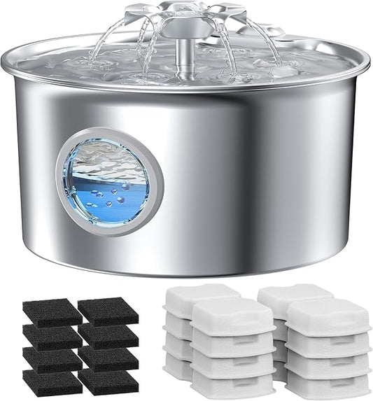 Pet Water Fountain Stainless Steel - Cat Fountain with 8 Filters & 8 Sponges - 88oz/2.6L Automatic Cat Watering Dispenser Bowl with Water Level Window - IHOUONE Quiet Fountains for Cats & Dogs Owners