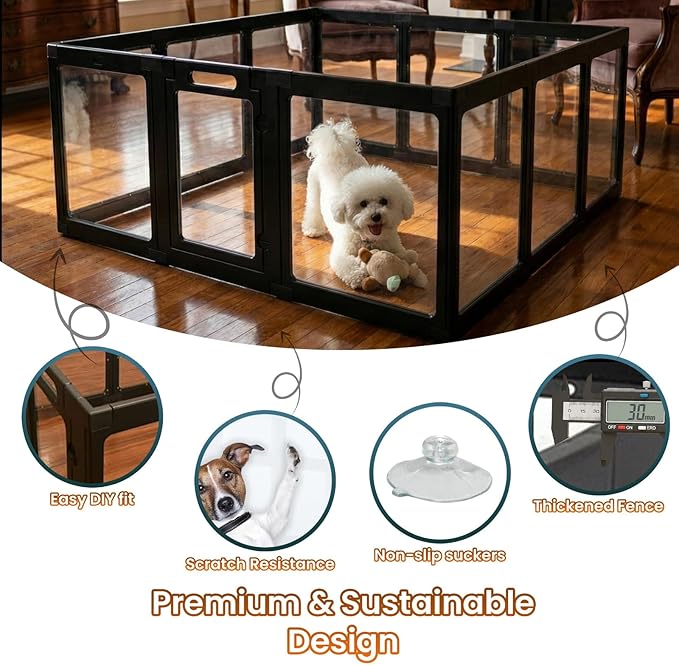 Transparent Indoor Dog Playpen with Safety Lock, Indoor Dog Fence for Small & Medium Pets | Secure, Stylish, Easy Clean Play Pen for Dogs & Pets with Scratch Resistant Panels (Black, 10 Panel)