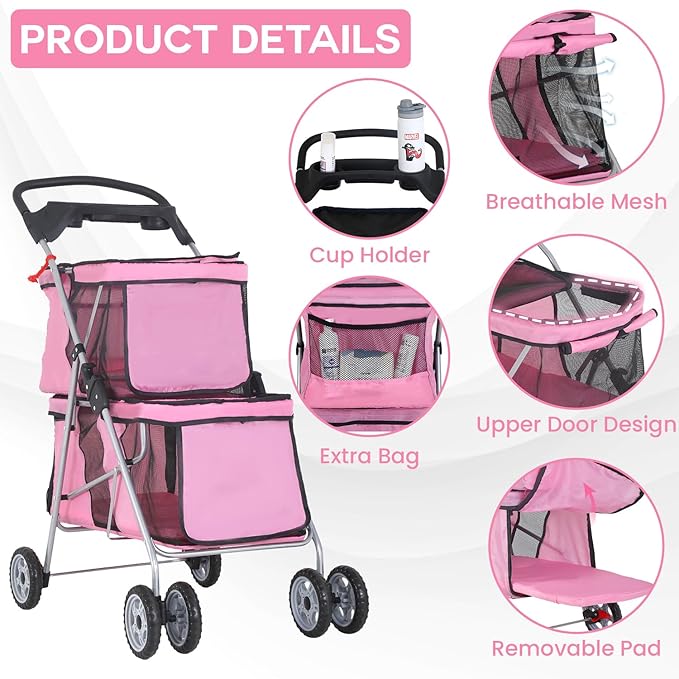 FDW 4 Wheels Pet Stroller Dog Cat Carriers Bag Lightweight Waterproof Folding Jogger Double Stroller with Cup Holders,Pink