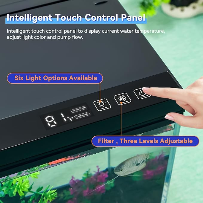 17.6x9.7x11.3 in Fish Tank Kit Complete with Real-Time Temp Display, 3-Speed Water Pump, Smart Storage, Flexible Filter & 6 Color Lights Ideal Aquarium for Betta Fish & Goldfish