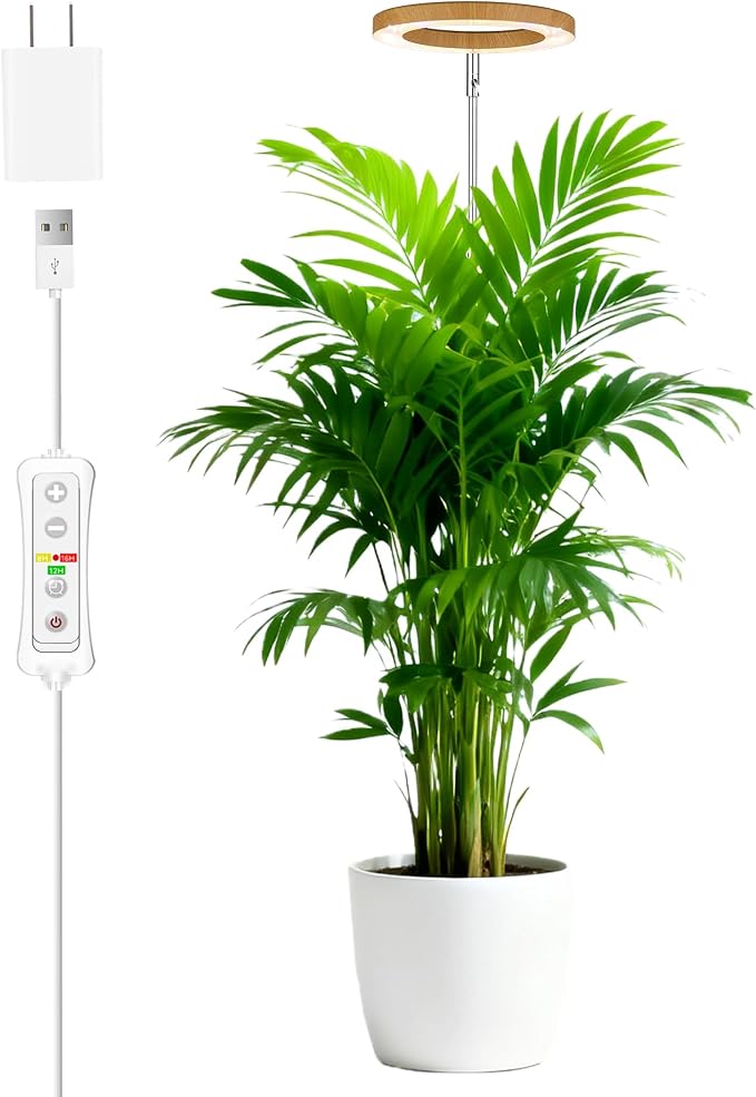 Grow Light for Large Indoor Plants, Full Spectrum LED Plant Light, Height Adjustable for Tall Plants, Auto On/Off Timer, 5V Safe Low Voltage Wood Grain Grow Lamp for Home & Office