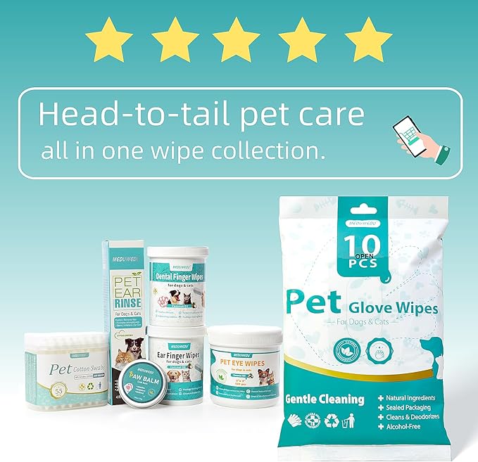 MEDUWEDU Ear Cleaner Finger Wipes 60 Counts, Dog Ear Cleaner, Grooming Kit Care for Dogs and Cats, Soft & Easy Otic Cleaning Pads, Remove Wax, Dirt & Stop Smelly, Itchy, Non-Irritating, Mint Scent