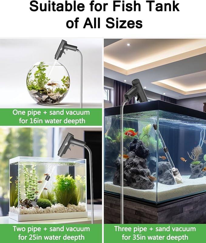 AQQA 4-in-1 Aquarium Gravel Cleaner, Adjustable Flow Fish Tank Vacuum | Multi-use for Water Changing, Gravel Sand Cleaning, Dirty Sucking, Ergonomic Design for Daily Fish Tank Maintenance