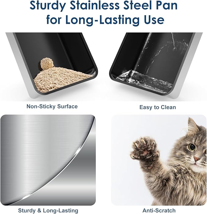 Suzzipaws Non-Sticky Coated Stainless Steel Cat Litter Box with Lid Extra Large Litter Box for Big Cats XL Metal Litter Pan Tray with High Wall Sides Enclosure, Anti-Leakage, Easy Cleaning