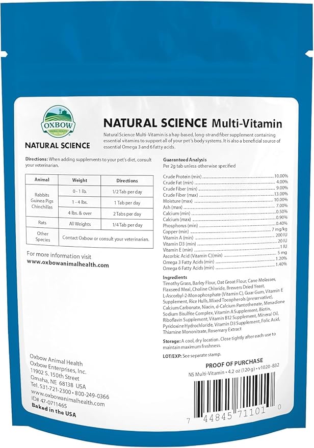 Oxbow Natural Science Multi-Vitamin, High Fiber Supplement for Rabbit & Guinea Pig, Made with Timothy Hay, Multi-Pet Households, Omega 3 & 6 Fatty Acids, Made in USA, 4.2 oz Bag, 3 Pack