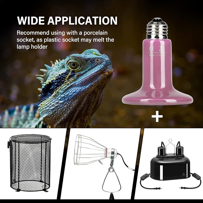 Simple Deluxe 150W 2-Pack Ceramic Heat Emitter Reptile Heat Bulb No Light, LCD Digital Aquarium Thermometer, for Reptile Amphibian, 4 Pack, Purple