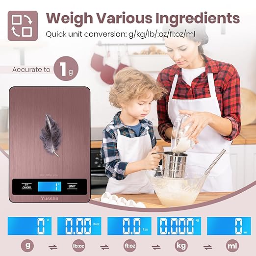 Yusshn Digital Kitchen Scale - Precision Food Scale for Cooking & Baking (1g/0.05oz Accuracy) - Waterproof Stainless Steel with LCD Display, Batteries Included - Weight in Grams & oz (Rose Gold)