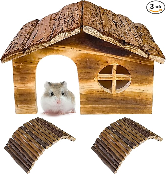 Hamiledyi Hamster Hideout Wooden Hamster House and Bridge with Windows Habitats Decor for Rat Gerbils Mice Playing Hiding