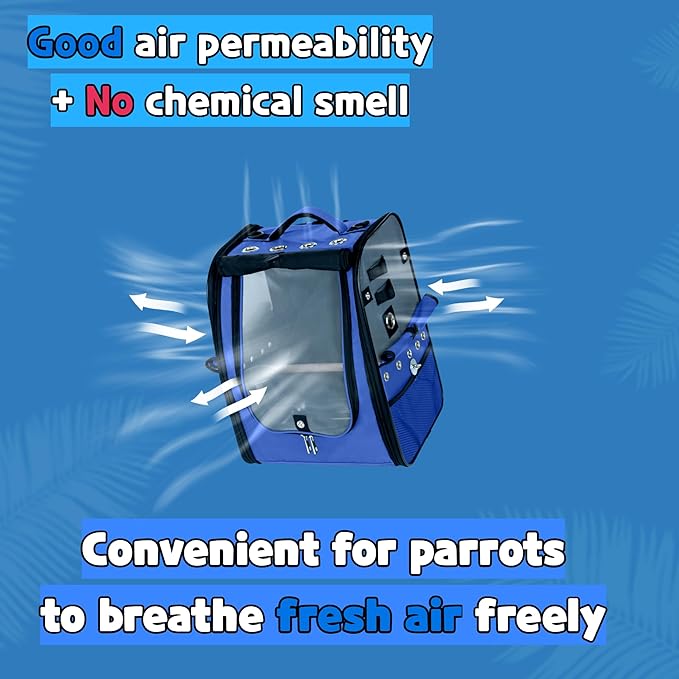 Birds Day Bird Carrier Backpack - Breathable Mesh Portable Parrot Travel Cage with 2PCS Perch, Food Bowl, and Stainless Steel Tray (Sky Blue)