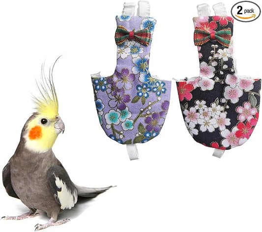 UKJENT Bird Diaper Protective Parrot Nappy 2 Pack, Reusable Outdoor Flight Suit with Waterproof Inner Layer, Machine Washable Cute Urine Wet Suit for Cockatiel Parakeet Lory(S)