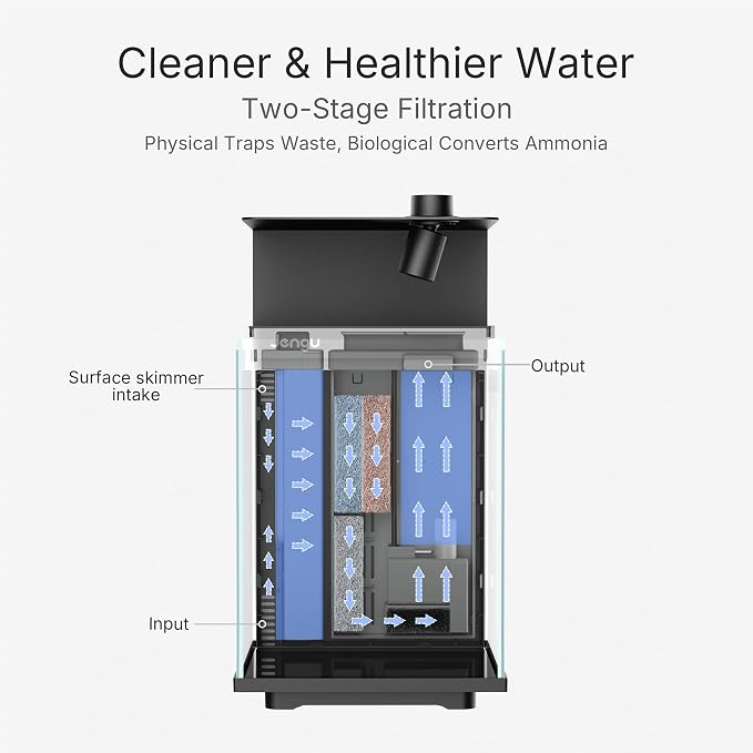 2.1 Gal Betta Fish Tank, Ultra Clear Glass Desktop Aquarium Starter Kit | Hidden Back Filter, Quiet Pump, LED Light, All-in-One Nano Aquarium for Desk, Black