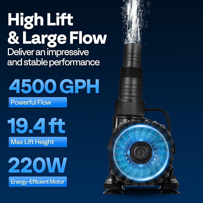 VIVOHOME 220W 4500GPH Submersible Water Pump with Barrier Bag for Koi Pond | 19.4ft Max Lift, 180° Seamless Adjustable Nozzle, 20ft Power Cord, IPX8 Waterproof