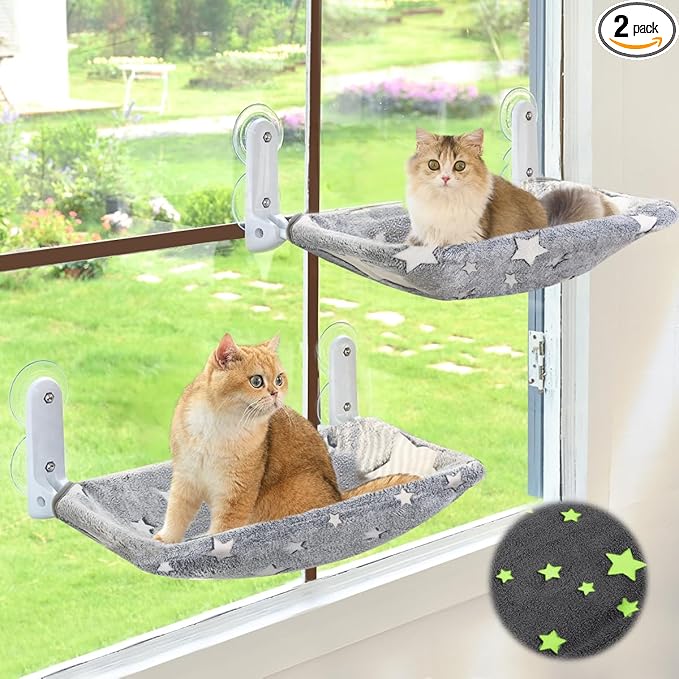 Zoratoo 2PC Cat Window Perch, Glow in The Dark Cordless Foldable Pet Hammock Bed for Window with Sturdy Metal Frame, Glowing Stars Pattern Resting Seat for Indoor Cats (2PC Stars - L)