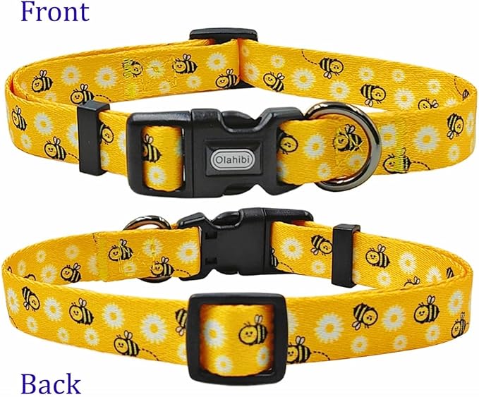 Dog Collar Leash Set, Floral Pattern, Polyester Material, Adjustable Collar and 5ft Matching Leash, for Small Dogs.(S, Bee Daisy)