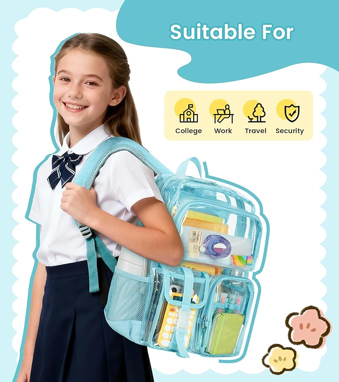 Vorspack Clear Backpack - Heavy Duty Transparent Bookbag for Adults Large See Through backpacks for Work, College, Travel - Sky Blue