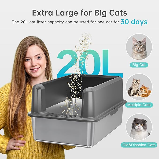 WoofiGo Enclosed Stainless Steel Cat Litter Box with Lid, XL Extra Large Litter Box for Big Cats, Metal Litter Pan High Sided, Never Absorbs Odors, Anti-Urine Leakage, Easy Cleaning, Include Scoop