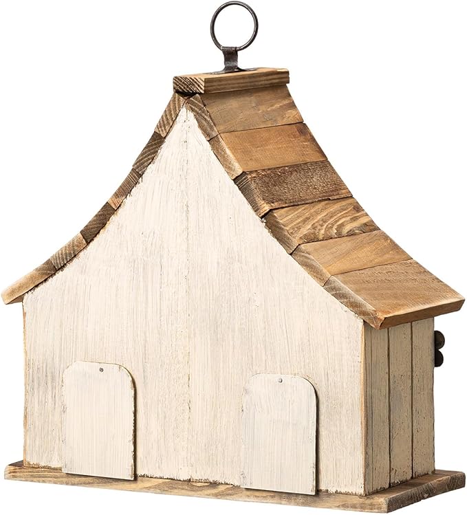 Glitzhome Bird Houses for Outside, 10.75" L Distressed Solid Wood Hanging Birdhouse with 3D Flowers Rustic Two-Story Townhouse Hand-Painted Garden Bird Houses for Outdoors,Washed White