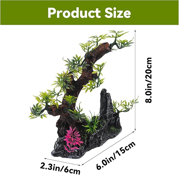 Aquarium Bonsai Tree Decor,Fish Tank Decorations Resin Rock View with Artificial Plants Accessories Betta Goldfish Ornaments Freshwater Saltwater Décor for Small Fish Shrimp