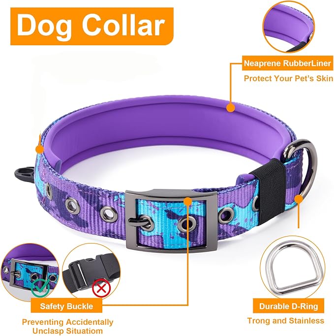 Annchwool No Pull Dog Harness,Heavy Duty Collar & Leash Set-Leash with Double Handle & Car Seatbelt Clip-Easy Control for Walking Training Medium Large Size Dogs(Camo Purple,XL)