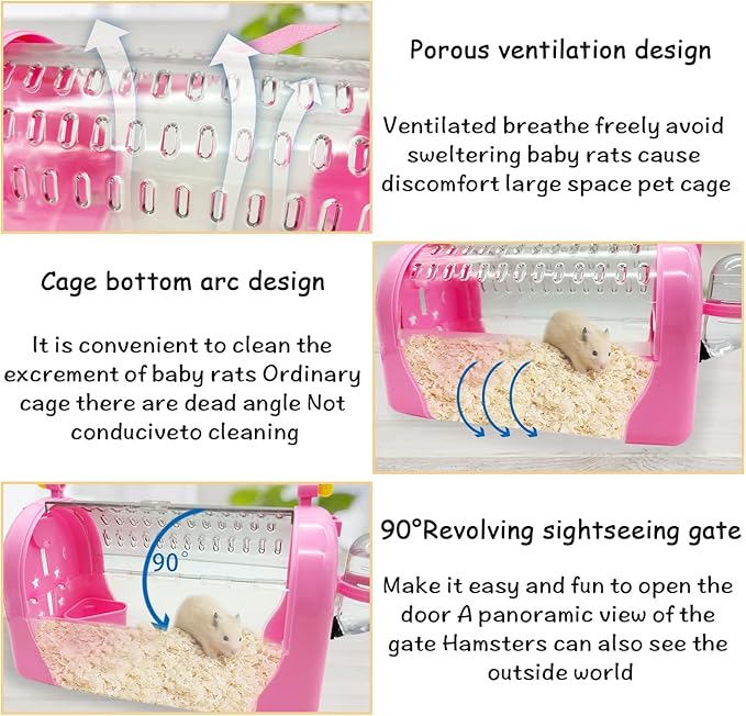 kathson Hamster Cage Travel Carrier Portable Cage with Water Bottle Outgoing Cage and Adjustable Strap Pet Cage for Small Pet Hedgehog Sugar Glider Squirrel Mice（Pink）