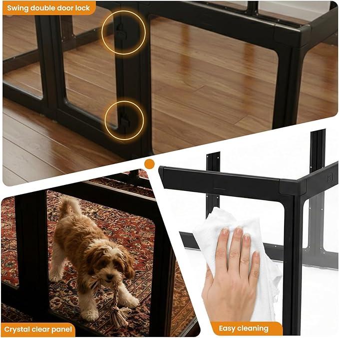 Transparent Indoor Dog Playpen with Safety Lock, Indoor Dog Fence for Small & Medium Pets | Secure, Stylish, Easy Clean Play Pen for Dogs & Pets with Scratch Resistant Panels (Black, 12 Panels)