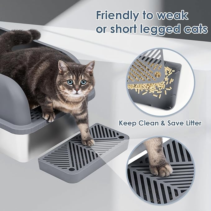 Suzzipaws Enclosed Stainless Steel Cat Litter Box with Lid Extra Large Litter Box for Big Cats XL Metal Litter Pan Tray with High Wall Sides Enclosure, Non-Sticky, Anti-Leakage (Grey)