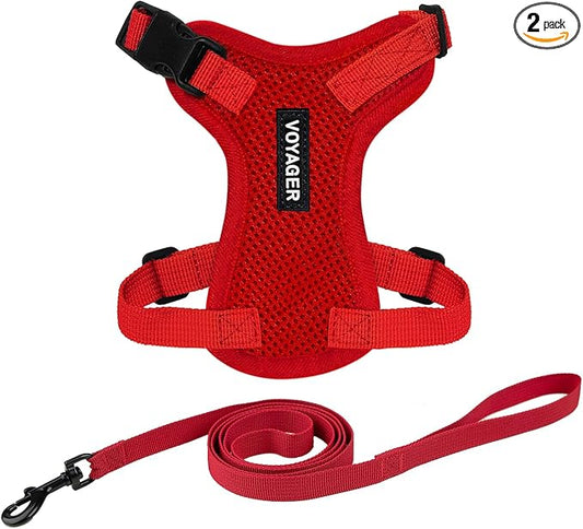 Voyager Escape-Proof Step-in Lock Cat Harness & 5ft Neoprene-Handle Leash Set All-Weather Mesh with Reflective Stitching for Small to Large Cats by Best Pet Supplies, Red, XS