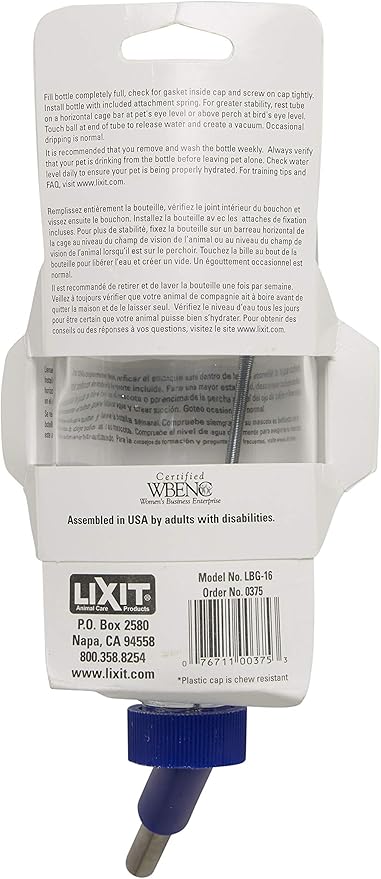 Lixit Glass Water Bottles for Rabbits, Ferrets, Small Birds, Guinea Pigs, Rats, Hamsters and Other Pets (16oz)