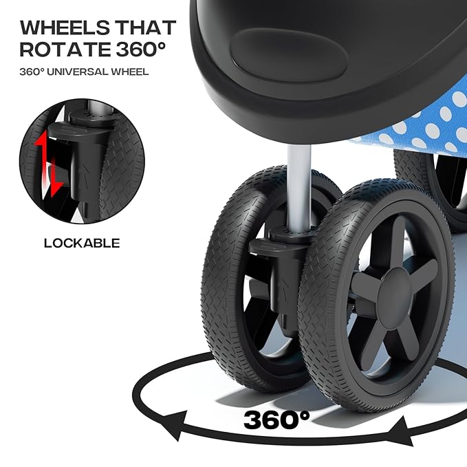 Pet Stroller for Small Dogs 10 lbs, Dog Stroller for Medium Dogs 30 lbs, Cat Strollers for 2 Cats, 3 Wheels Foldable Jogger Puppy Stroller with Storage Basket and Cup Holder, Blue Polka Dots