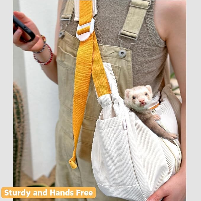 Ferret Sling Carrier - Pet Carrying Bag with Adjustable Strap Hands Free Shoulder Bag Crossbody Travel Slings Soft Small Animal Bonding Pouch Front Backpack for Ferret Rabbit Puppy Kitten (Beige)