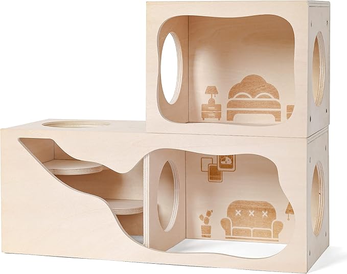 Hamster Hideout Wooden House Chamber Small Animals Pets Tunnel Exploring Toys Secret Peep Shed for Dwarf Hamsters, Syrian Hamsters, Gerbils, Hedgehogs, Rats, Mice (Bedroom)