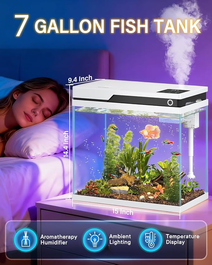 Vehipa Fish Tank, Smart Fish Aquarium Kit 7 Gallon | with Auto Feeder, Humidifier, 4-in-1 Silent Pump, Adjustable Lighting & Temperature Display for Desktop, Office, Room