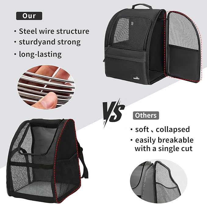 wakytu Cat Carrier Backpack,Steel Wire Frame More Stable,600D Wear-Resistant Oxford Fabric, Dog Carrier Cat Backpacks Suitable for Travel,Black