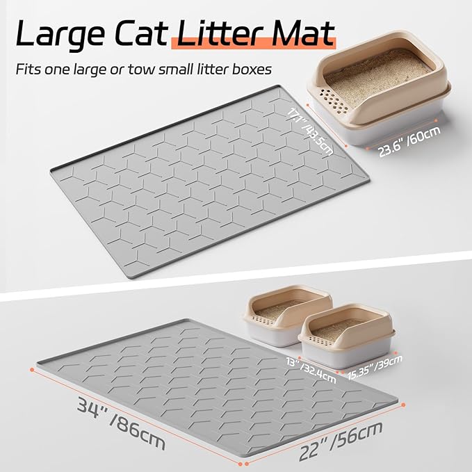 Bulkniu Large Silicone Cat Litter Mat, Waterproof/Urineproof, Litter Recycling, Easy to Clean, Soft on Kitty Paw (22"X34"- Grey)