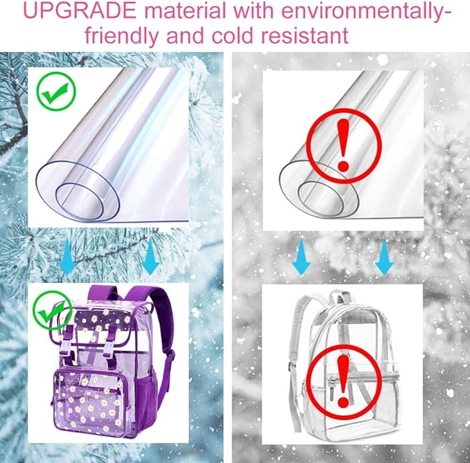 17" Daisy Clear Backpack for Girls - 3Pcs Flip Design Stadium Approved Set, Gym/Concert Transparent Bookbag (Deep Purple)