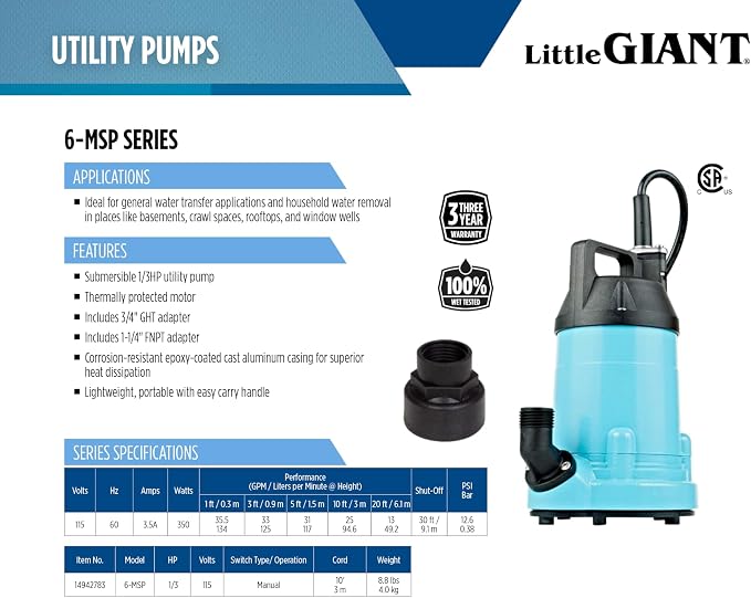 Little Giant 6-MSP 115V, 1/3 HP Manual Aluminum Utility Pump, 10' Cord | 2130 GPH, General Water Transfer/Circulation, Submersible, Epoxy-Coated, No Switch, Fits 3/4" Garden Hose, 14942783