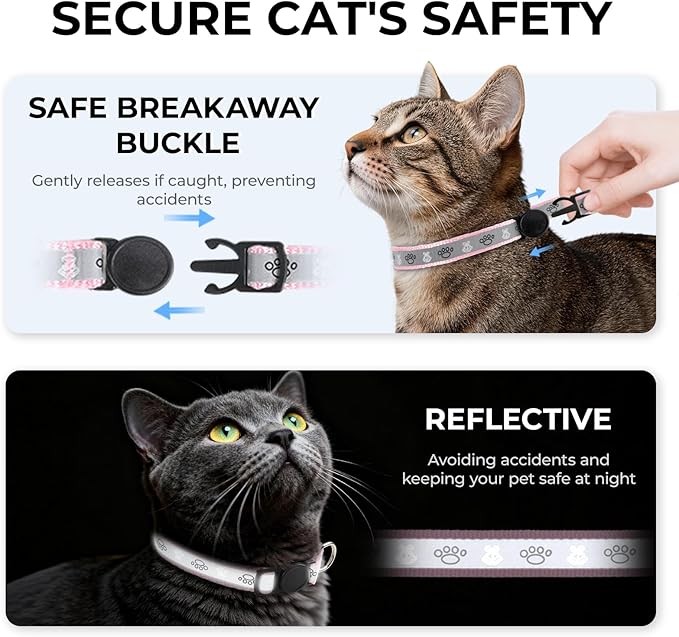 Cat Collar Breakaway, Reflective Kitten Collar with Bell, Safety Buckle Kitten Collar, Lightweight, Adjustable, Comfortable, Suitable for Boy Girl Cats (7"-13") Pink