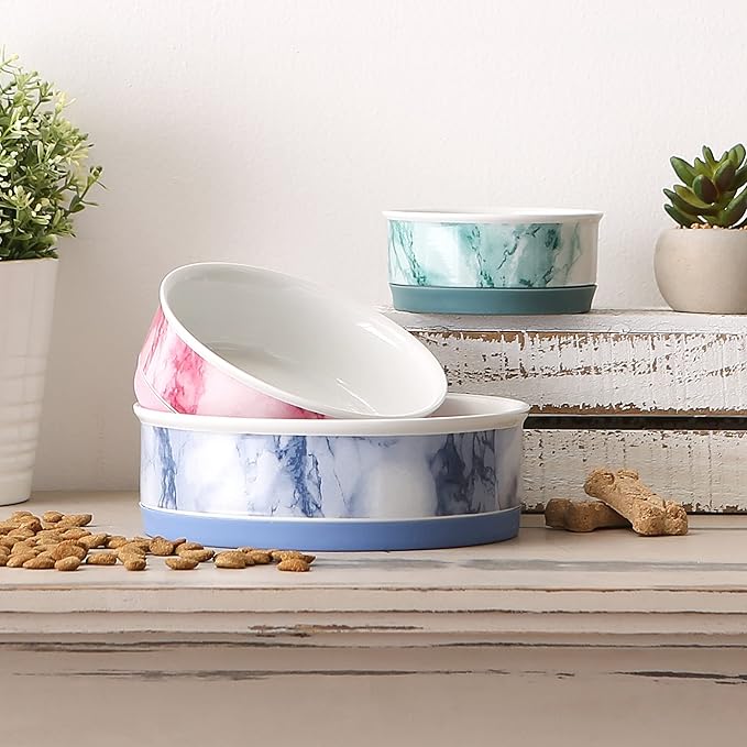 Bone Dry Ceramic Marble Non-Slip Pet Bowls, Dishwasher Safe, Medium Set, 6x2, Blue, 2 Count