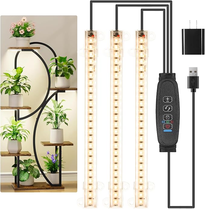 Hywyimlait LED Grow Light Strips, Grow Lamps for Indoor Plants Full Spectrum 3000K, 72 LEDs Plant Light with 3/9/12H Timer, 10 Dimmable Levels for Seedling Succulent, 3 Head 7.8 Inches