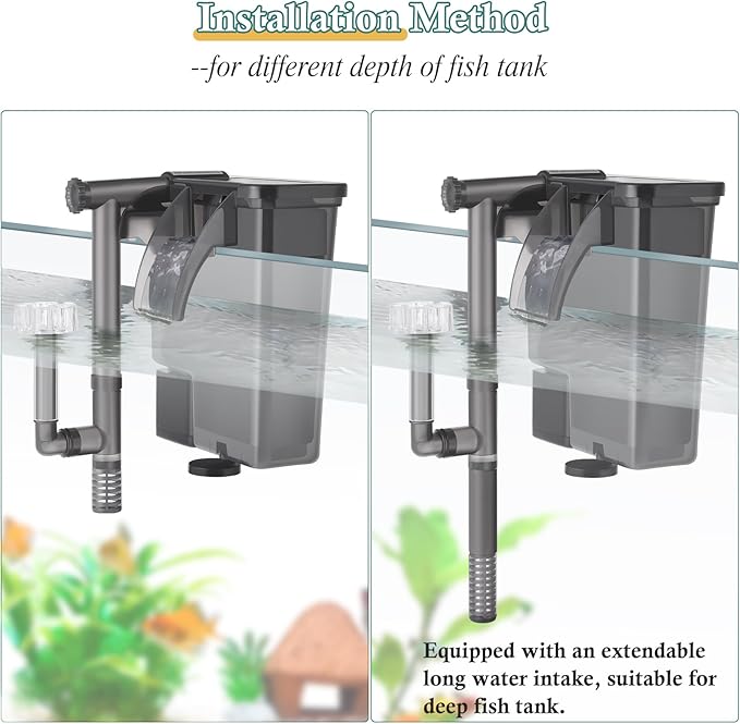 5W Hang on Aquarium Filter: Ultra Quiet 124 GPH Fish Tank Filter with Filter Sponge and Activated Carbon, Adjustable Waterfall Filter for 5-15 Gallon Fish Tank